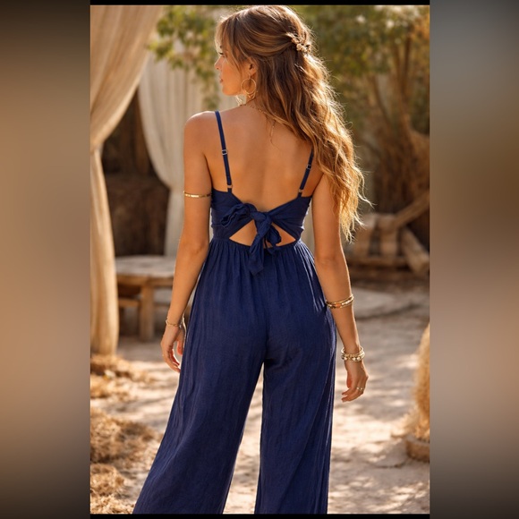 Japna Pants - NWT Japna Deep Blue V-Neck Linen Bohemin Tie Back Jumpsuit Large Natural Fiber